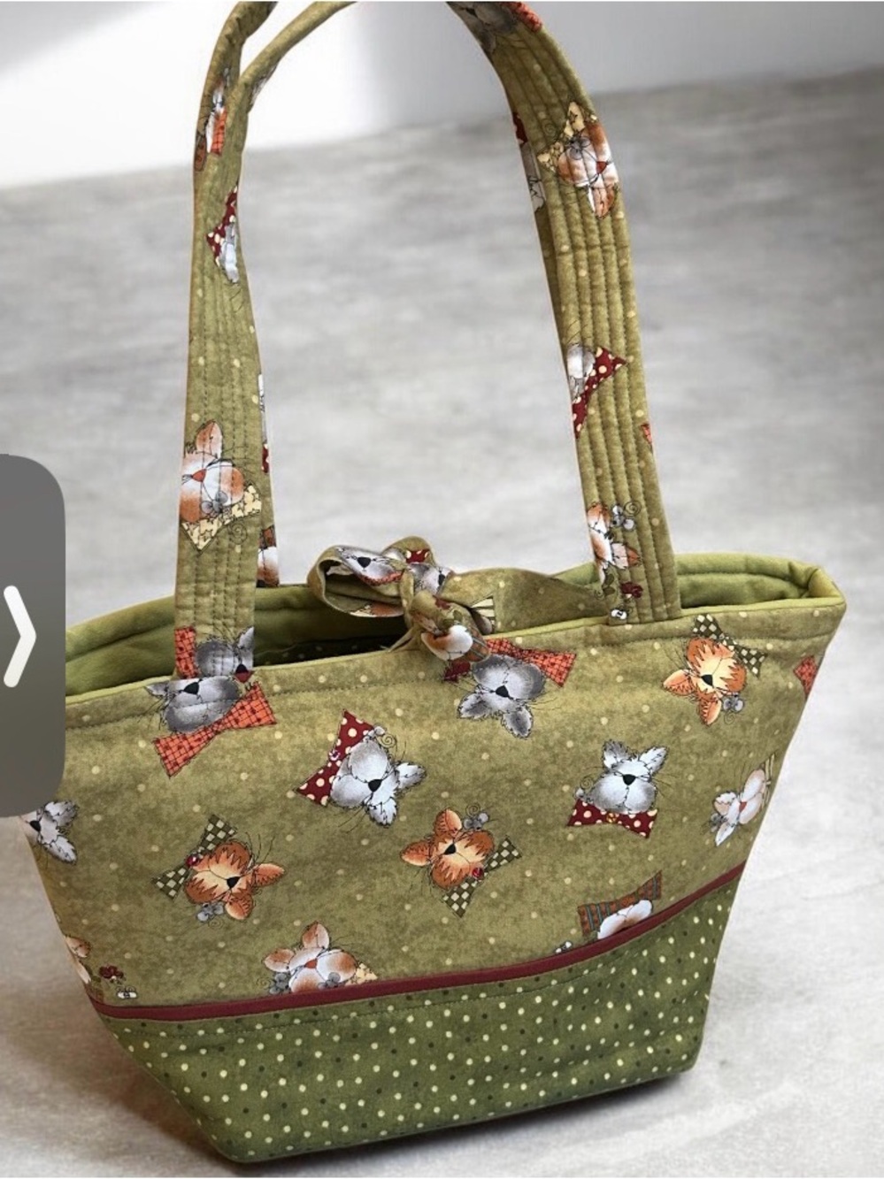 Quilted Tote with Cats & Polka Dot Accents Hand Crafted Olive Green